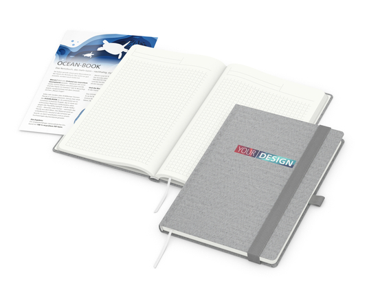 Notizbuch Ocean-Book RECYCLING rPET-Hardcover farbig A5, Lineatur Winkelkaro, Material-Infoblatt ja