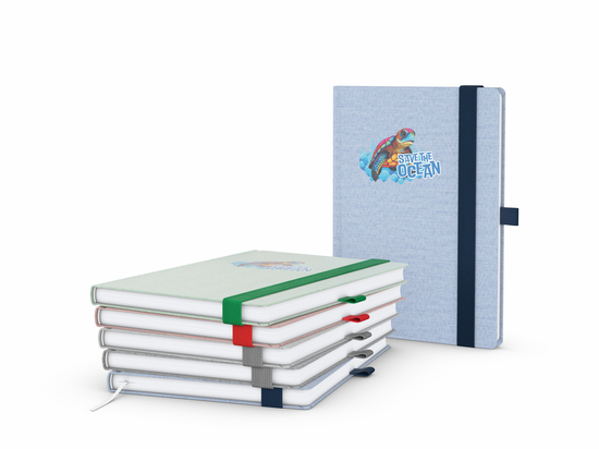 Notizbuch Ocean-Book RECYCLING rPET-Hardcover farbig A5, Lineatur Winkelkaro, Material-Infoblatt ja