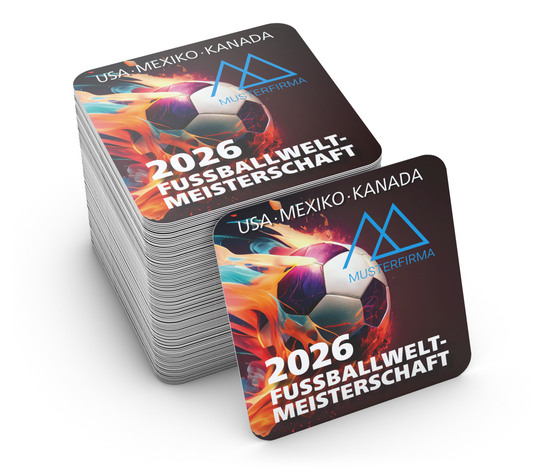 WM-Bierdeckel Motiv Fußball-WM 2026, Form quadratisch (93 × 93 mm), WM-Motiv Feuerball