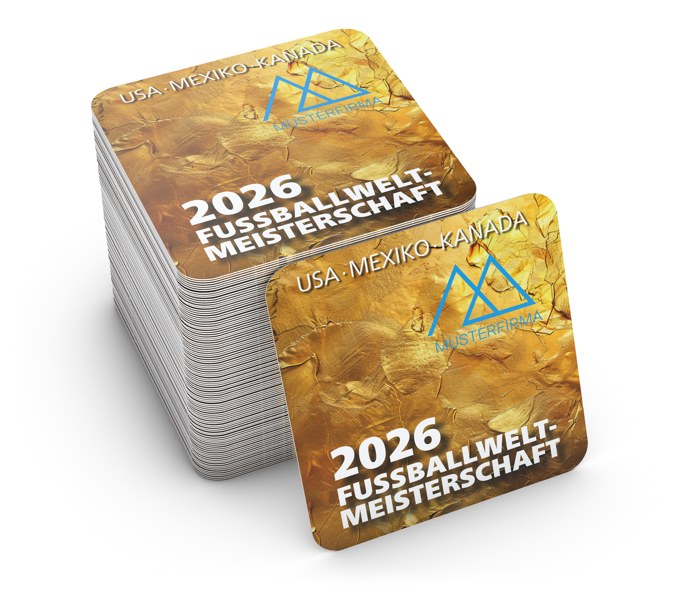 WM-Bierdeckel Motiv Fußball-WM 2026, Form quadratisch (93 × 93 mm), WM-Motiv Pokalgold