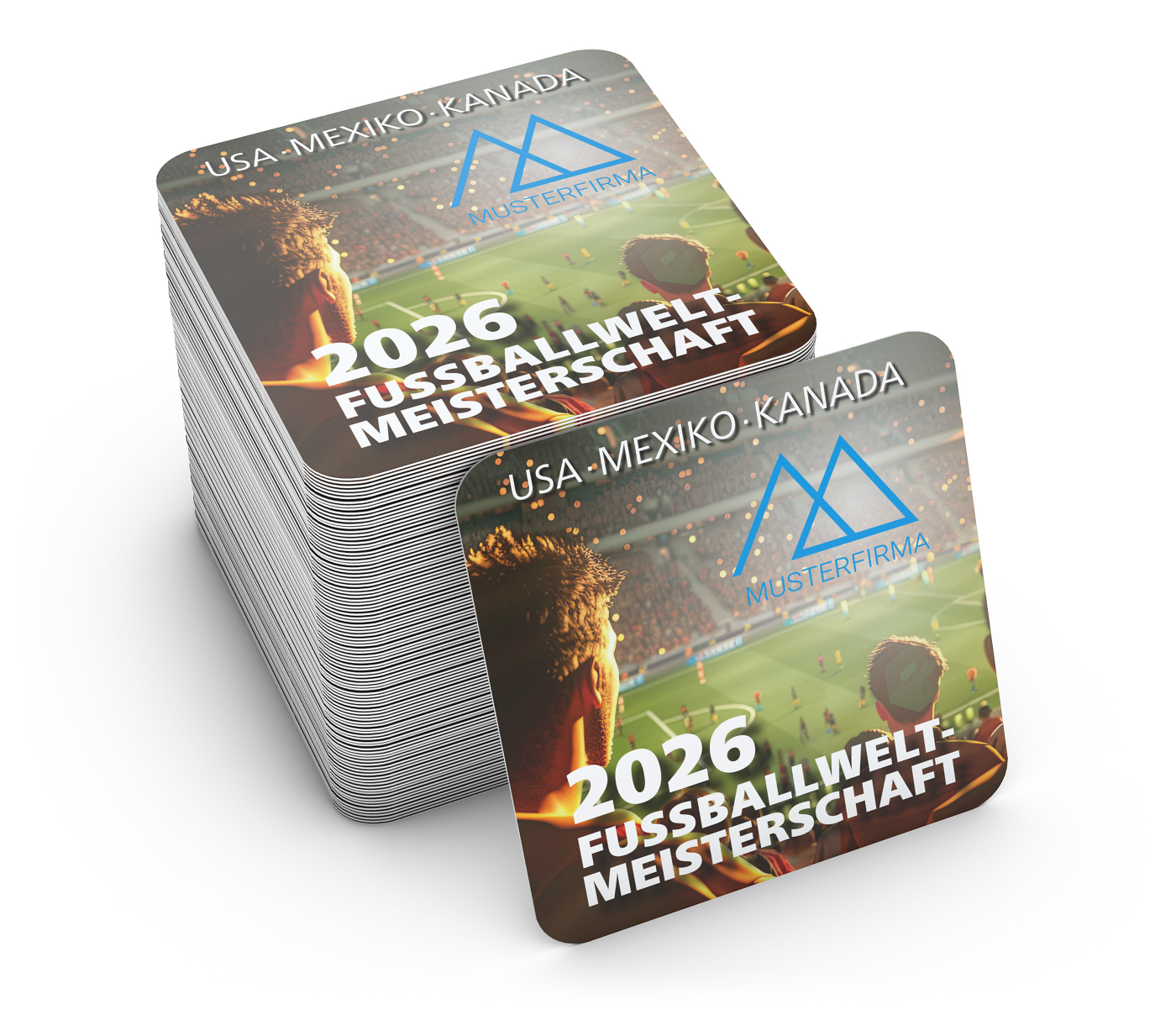 WM-Bierdeckel Motiv Fußball-WM 2026, Form quadratisch (93 × 93 mm), WM-Motiv Stadionemotion