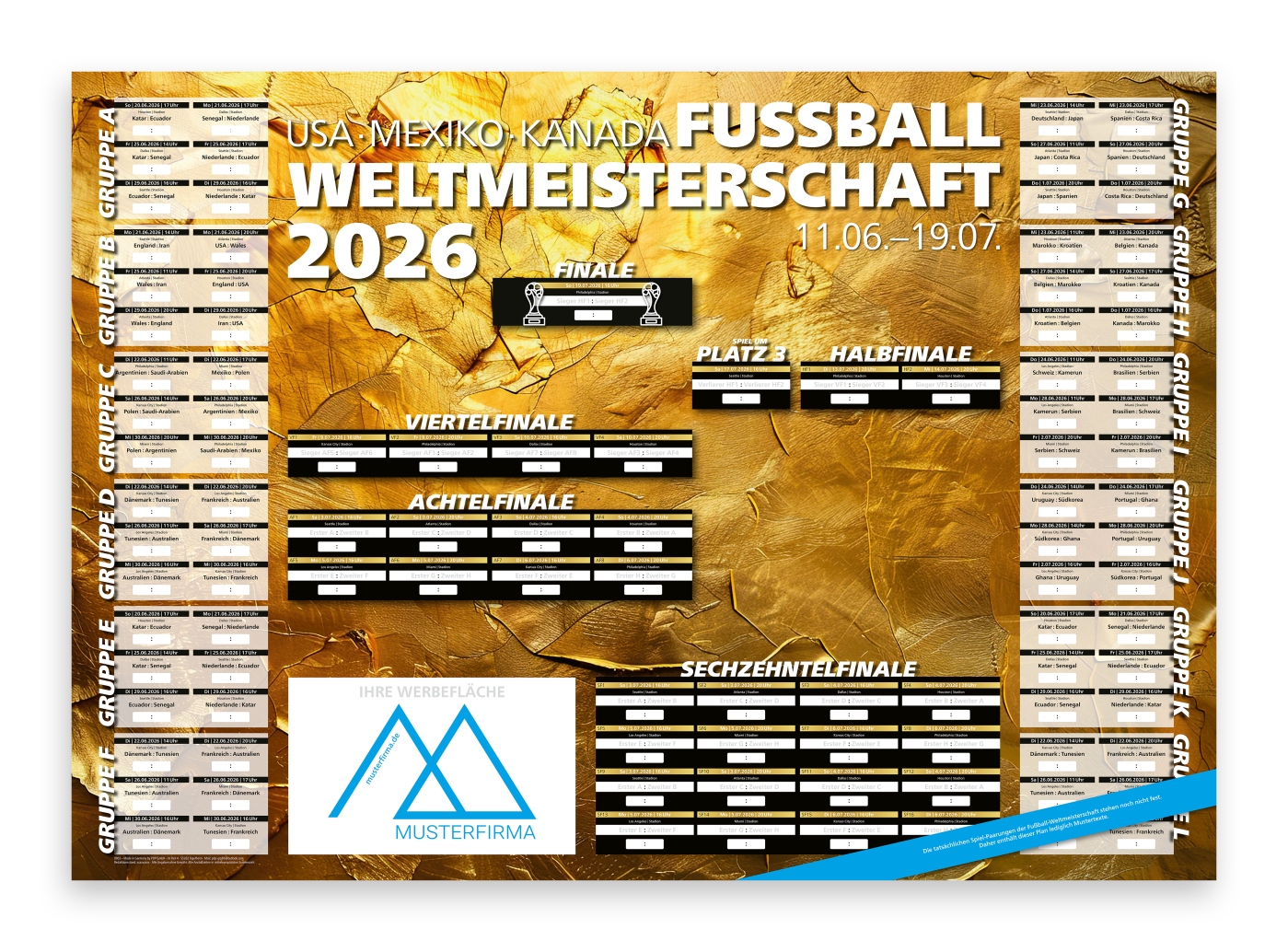WM-Planer Spielplan-Wandplaner Fußball-WM 2026, Postoptimierung ja (gefalzt auf DIN A4), WM-Motiv Pokalgold