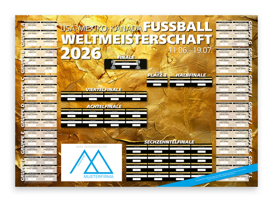 WM-Planer Spielplan-Wandplaner Fußball-WM 2026, Postoptimierung ja (gefalzt auf DIN A4), WM-Motiv Pokalgold