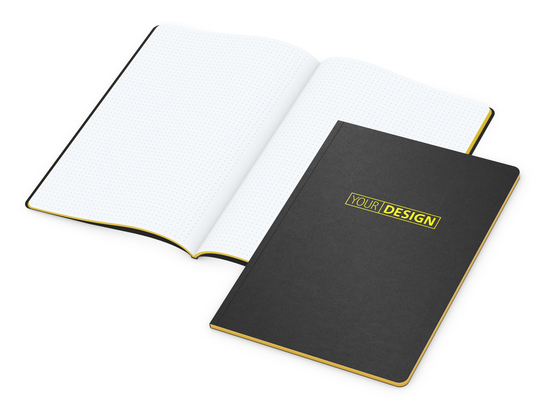 Notizbuch Tablet-Book Farbschnitt Naturkarton-Softcover schwarz, Papierformat/Lineatur DIN A4 / Punktraster, Farbschnitt/Logodruck gelb/gelb