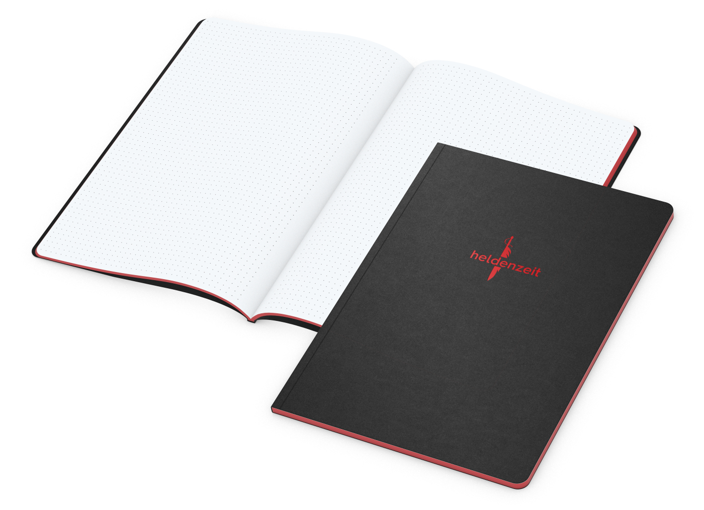 Notizbuch Tablet-Book Farbschnitt Naturkarton-Softcover schwarz, Papierformat/Lineatur DIN A4 / Punktraster, Farbschnitt/Logodruck rot/rot