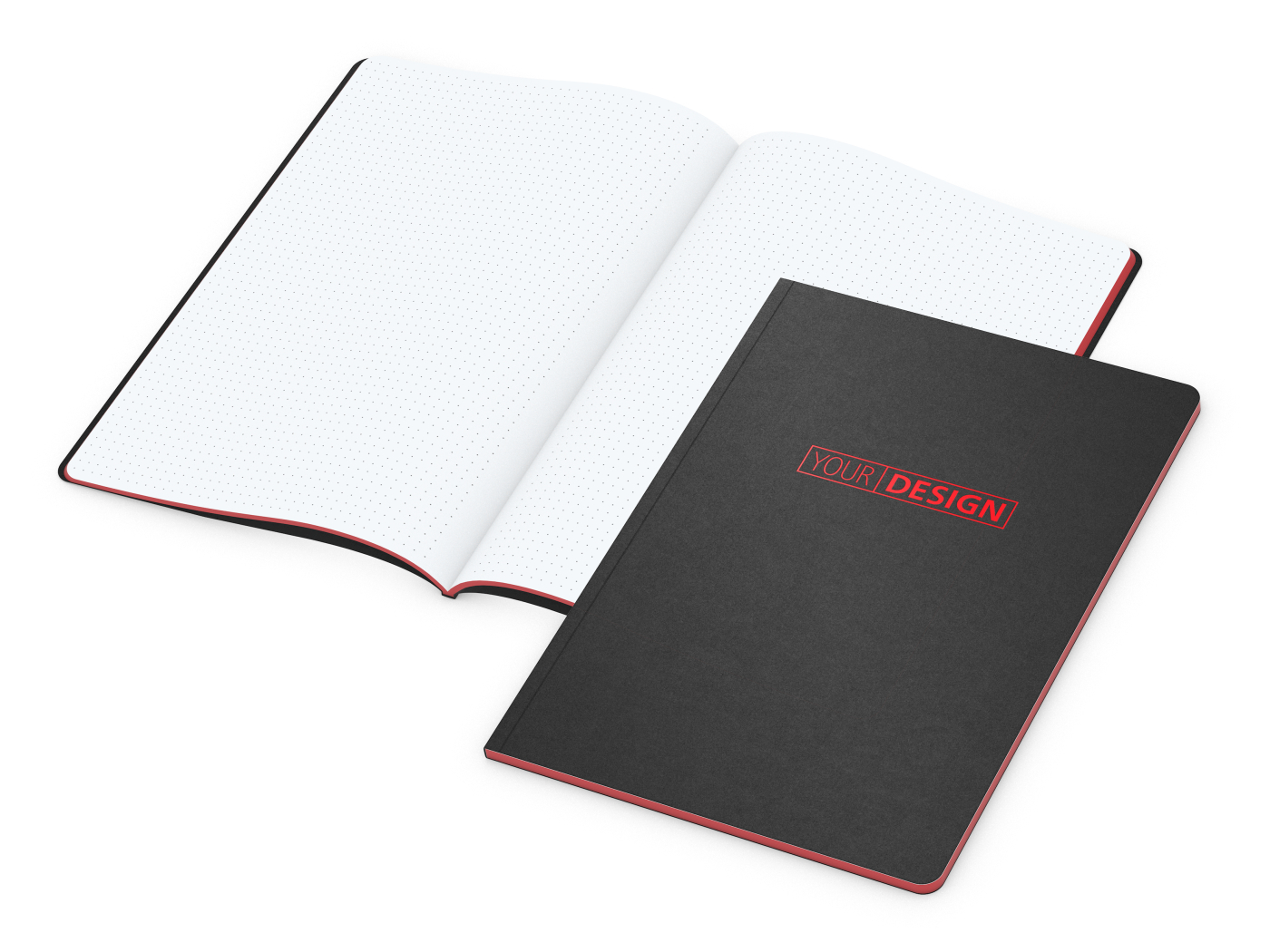 Notizbuch Tablet-Book Farbschnitt Naturkarton-Softcover schwarz, Papierformat/Lineatur DIN A4 / Punktraster, Farbschnitt/Logodruck rot/rot