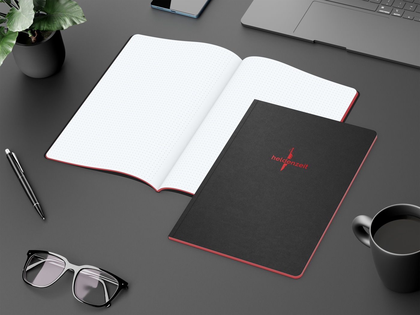 Notizbuch Tablet-Book Farbschnitt Naturkarton-Softcover schwarz, Papierformat/Lineatur DIN A4 / Punktraster, Farbschnitt/Logodruck rot/rot