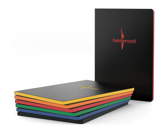 Notizbuch Tablet-Book Farbschnitt Naturkarton-Softcover schwarz, Papierformat/Lineatur DIN A4 / Punktraster, Farbschnitt/Logodruck rot/rot