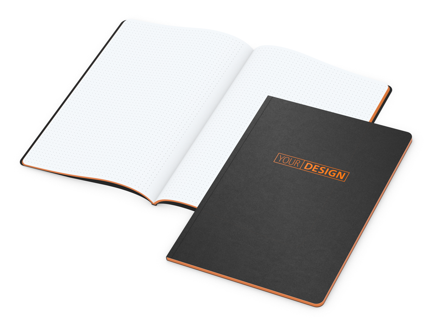 Notizbuch Tablet-Book Farbschnitt Naturkarton-Softcover schwarz, Papierformat/Lineatur DIN A4 / Punktraster, Farbschnitt/Logodruck orange/orange