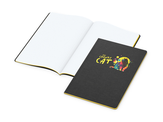Notizbuch Tablet-Book Farbschnitt Naturkarton-Softcover schwarz, Papierformat/Lineatur DIN A4 / Punktraster, Farbschnitt/Logodruck gelb/4farbig