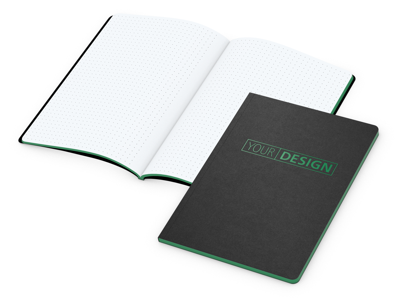 Notizbuch Tablet-Book Farbschnitt Naturkarton-Softcover schwarz, Papierformat/Lineatur DIN A5 / Punktraster, Farbschnitt/Logodruck grün/grün