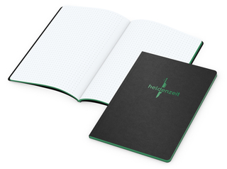 Notizbuch Tablet-Book Farbschnitt Naturkarton-Softcover schwarz, Papierformat/Lineatur DIN A5 / Punktraster, Farbschnitt/Logodruck grün/grün
