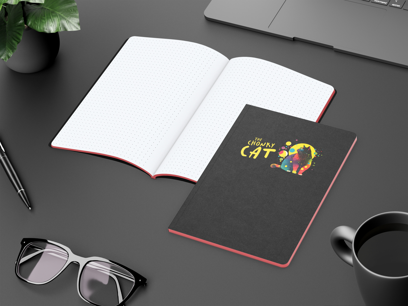 Notizbuch Tablet-Book Farbschnitt Naturkarton-Softcover schwarz, Papierformat/Lineatur DIN A5 / Punktraster, Farbschnitt/Logodruck rot/4farbig