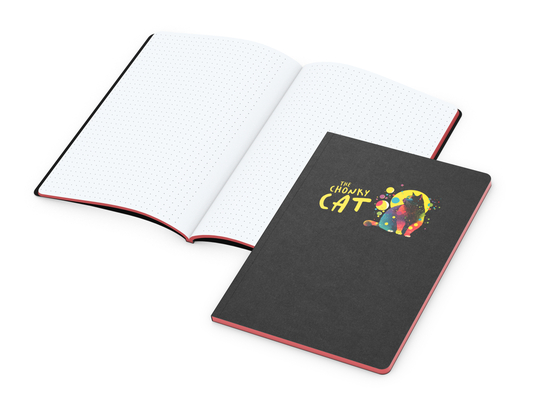 Notizbuch Tablet-Book Farbschnitt Naturkarton-Softcover schwarz, Papierformat/Lineatur DIN A5 / Punktraster, Farbschnitt/Logodruck rot/4farbig