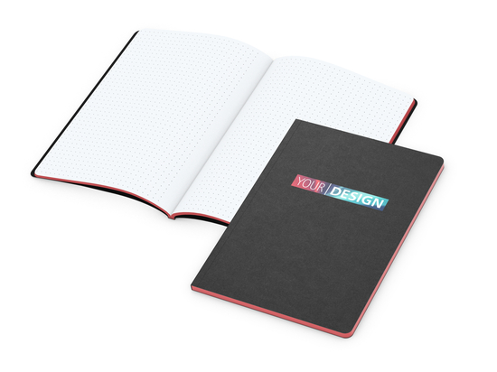 Notizbuch Tablet-Book Farbschnitt Naturkarton-Softcover schwarz, Papierformat/Lineatur DIN A5 / Punktraster, Farbschnitt/Logodruck rot/4farbig
