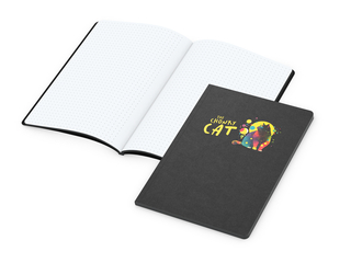 Notizbuch Tablet-Book Farbschnitt Naturkarton-Softcover schwarz, Papierformat/Lineatur DIN A5 / Punktraster, Farbschnitt/Logodruck schwarz/4farbig