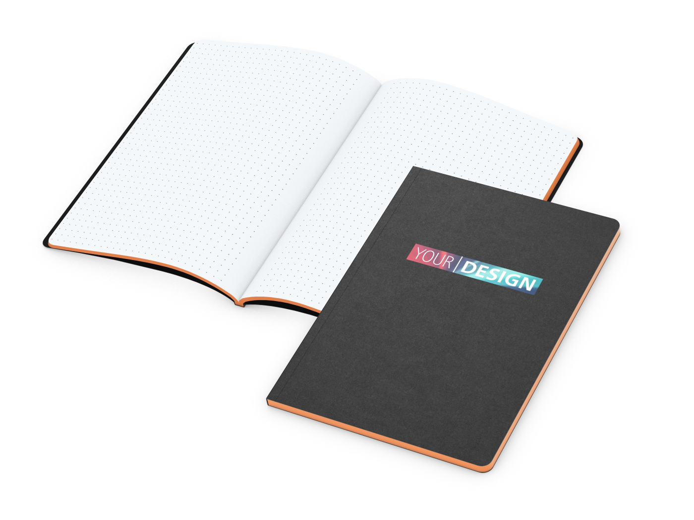 Notizbuch Tablet-Book Farbschnitt Naturkarton-Softcover schwarz, Papierformat/Lineatur DIN A5 / Punktraster, Farbschnitt/Logodruck orange/4farbig