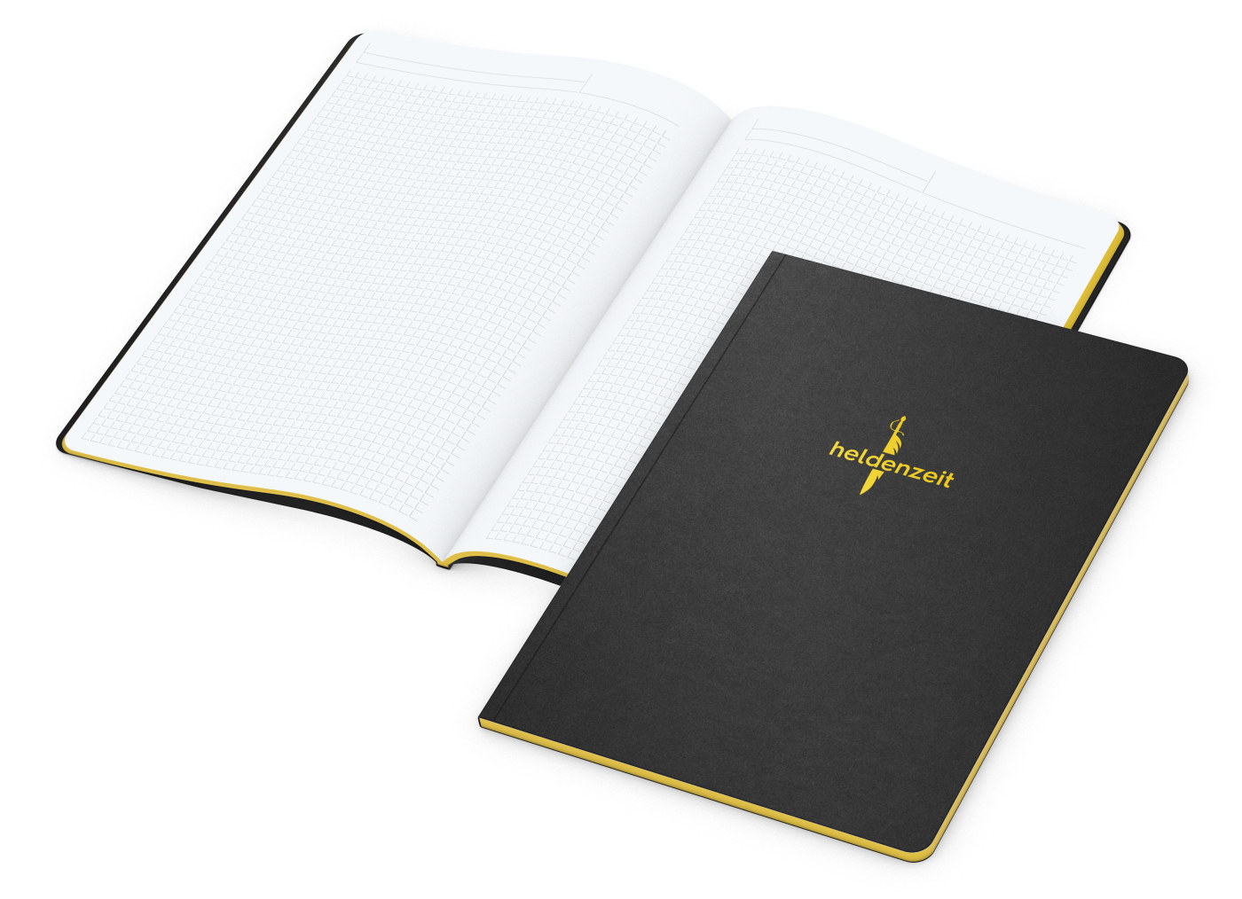 Notizbuch Tablet-Book Farbschnitt Naturkarton-Softcover schwarz, Papierformat/Lineatur DIN A4 / Winkelkaro, Farbschnitt/Logodruck gelb/gelb