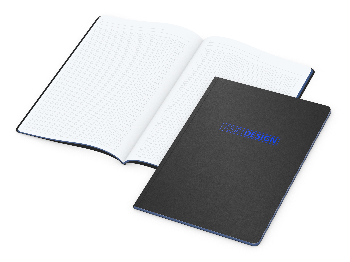 Notizbuch Tablet-Book Farbschnitt Naturkarton-Softcover schwarz, Papierformat/Lineatur DIN A4 / Winkelkaro, Farbschnitt/Logodruck mittelblau/mittelblau