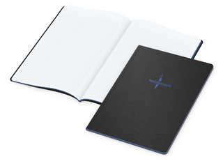 Notizbuch Tablet-Book Farbschnitt Naturkarton-Softcover schwarz, Papierformat/Lineatur DIN A4 / Winkelkaro, Farbschnitt/Logodruck mittelblau/mittelblau