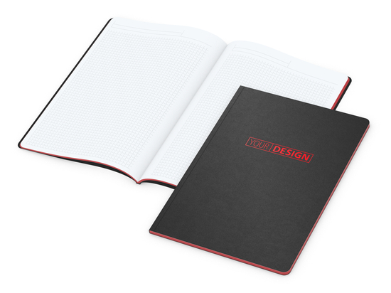 Notizbuch Tablet-Book Farbschnitt Naturkarton-Softcover schwarz, Papierformat/Lineatur DIN A4 / Winkelkaro, Farbschnitt/Logodruck rot/rot