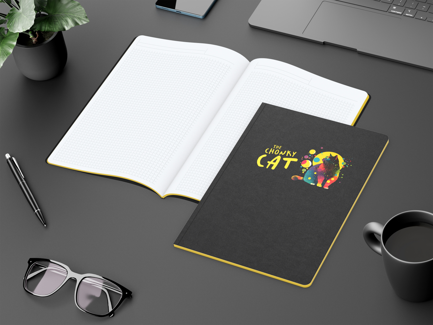 Notizbuch Tablet-Book Farbschnitt Naturkarton-Softcover schwarz, Papierformat/Lineatur DIN A4 / Winkelkaro, Farbschnitt/Logodruck gelb/4farbig