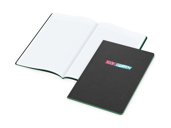 Notizbuch Tablet-Book Farbschnitt Naturkarton-Softcover schwarz, Papierformat/Lineatur DIN A4 / Winkelkaro, Farbschnitt/Logodruck grün/4farbig
