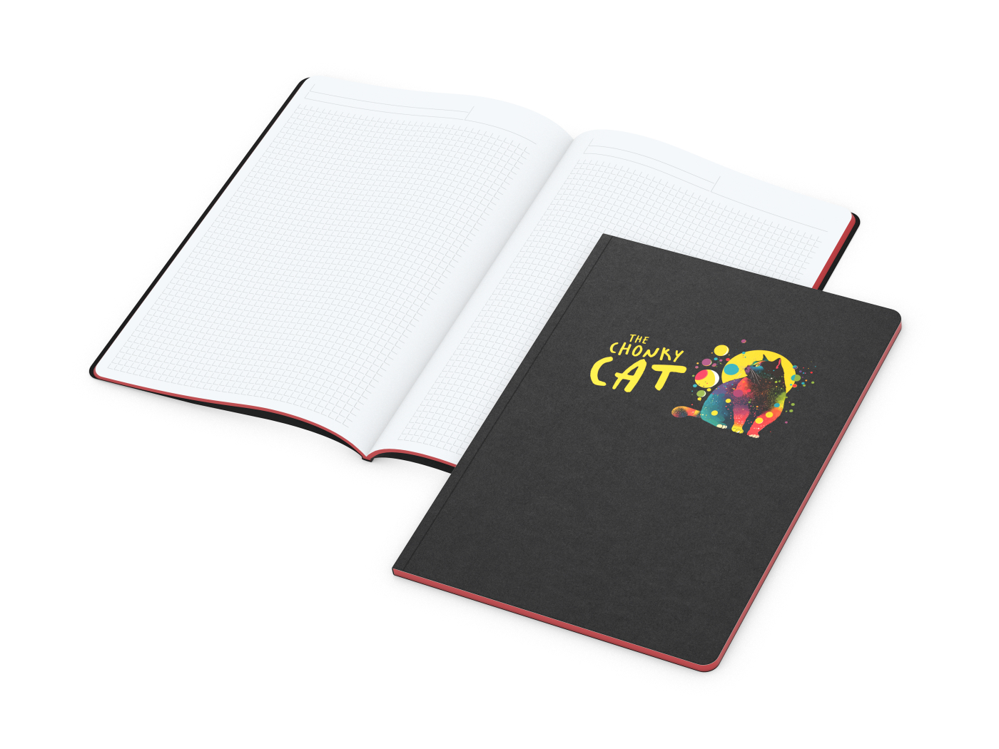Notizbuch Tablet-Book Farbschnitt Naturkarton-Softcover schwarz, Papierformat/Lineatur DIN A4 / Winkelkaro, Farbschnitt/Logodruck rot/4farbig