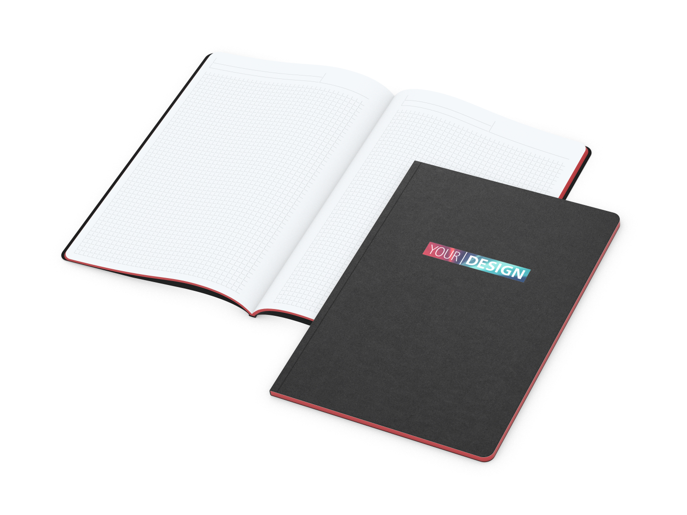 Notizbuch Tablet-Book Farbschnitt Naturkarton-Softcover schwarz, Papierformat/Lineatur DIN A4 / Winkelkaro, Farbschnitt/Logodruck rot/4farbig