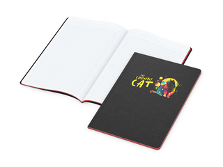 Notizbuch Tablet-Book Farbschnitt Naturkarton-Softcover schwarz, Papierformat/Lineatur DIN A4 / Winkelkaro, Farbschnitt/Logodruck rot/4farbig