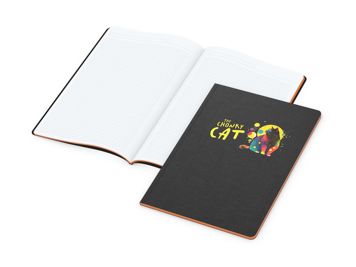 Notizbuch Tablet-Book Farbschnitt Naturkarton-Softcover schwarz, Papierformat/Lineatur DIN A4 / Winkelkaro, Farbschnitt/Logodruck orange/4farbig