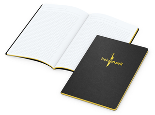 Notizbuch Tablet-Book Farbschnitt Naturkarton-Softcover schwarz, Papierformat/Lineatur DIN A5 / Winkelkaro, Farbschnitt/Logodruck gelb/gelb