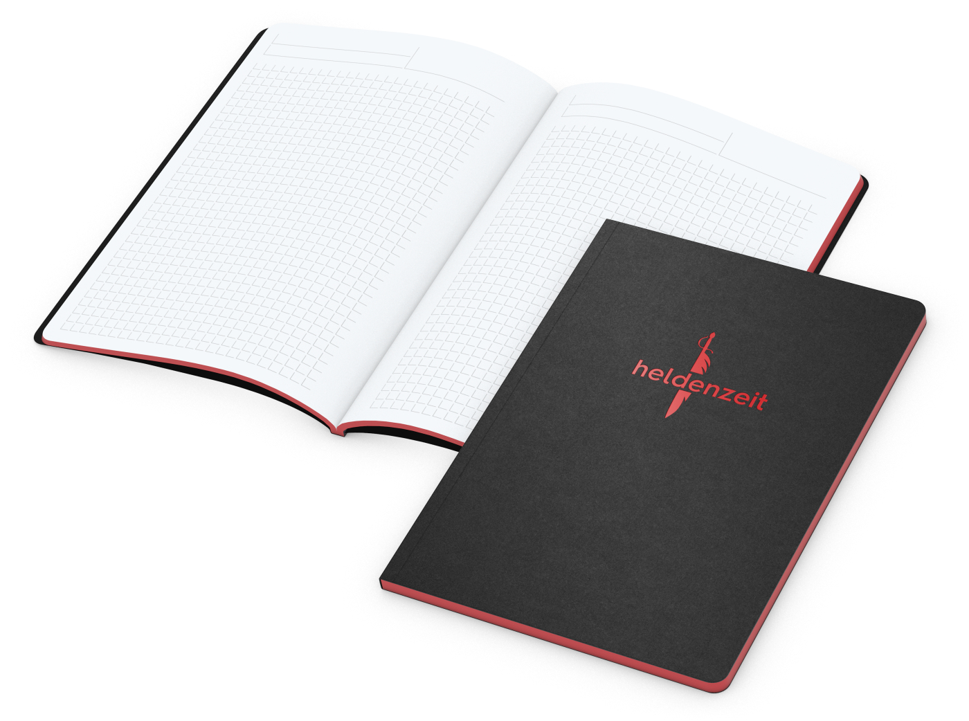 Notizbuch Tablet-Book Farbschnitt Naturkarton-Softcover schwarz, Papierformat/Lineatur DIN A5 / Winkelkaro, Farbschnitt/Logodruck rot/rot