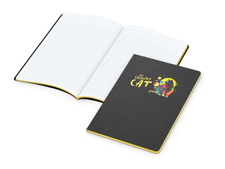 Notizbuch Tablet-Book Farbschnitt Naturkarton-Softcover schwarz, Papierformat/Lineatur DIN A5 / Winkelkaro, Farbschnitt/Logodruck gelb/4farbig