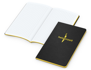 Notizbuch Tablet-Book Farbschnitt Naturkarton-Softcover schwarz, Papierformat/Lineatur 94 × 152 mm / Winkelkaro, Farbschnitt/Logodruck gelb/gelb