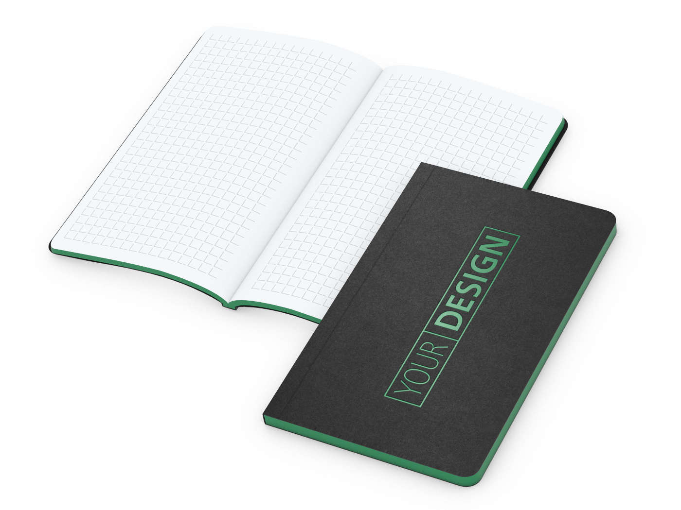Notizbuch Tablet-Book Farbschnitt Naturkarton-Softcover schwarz, Papierformat/Lineatur 94 × 152 mm / Winkelkaro, Farbschnitt/Logodruck grün/grün