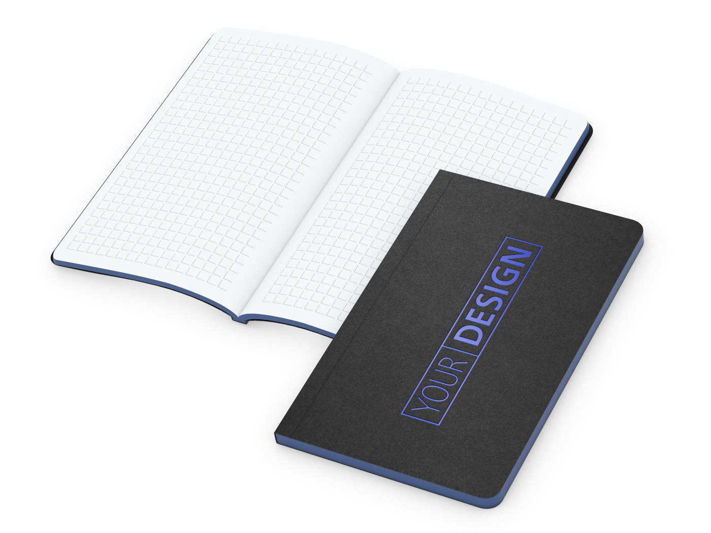 Notizbuch Tablet-Book Farbschnitt Naturkarton-Softcover schwarz, Papierformat/Lineatur 94 × 152 mm / Winkelkaro, Farbschnitt/Logodruck mittelblau/mittelblau