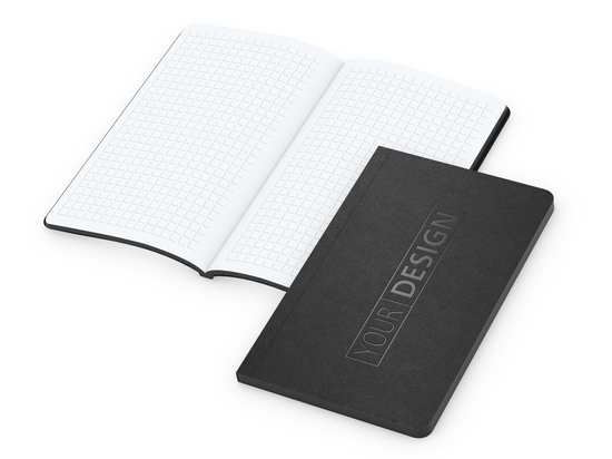 Notizbuch Tablet-Book Farbschnitt Naturkarton-Softcover schwarz, Papierformat/Lineatur 94 × 152 mm / Winkelkaro, Farbschnitt/Logodruck schwarz/schwarz