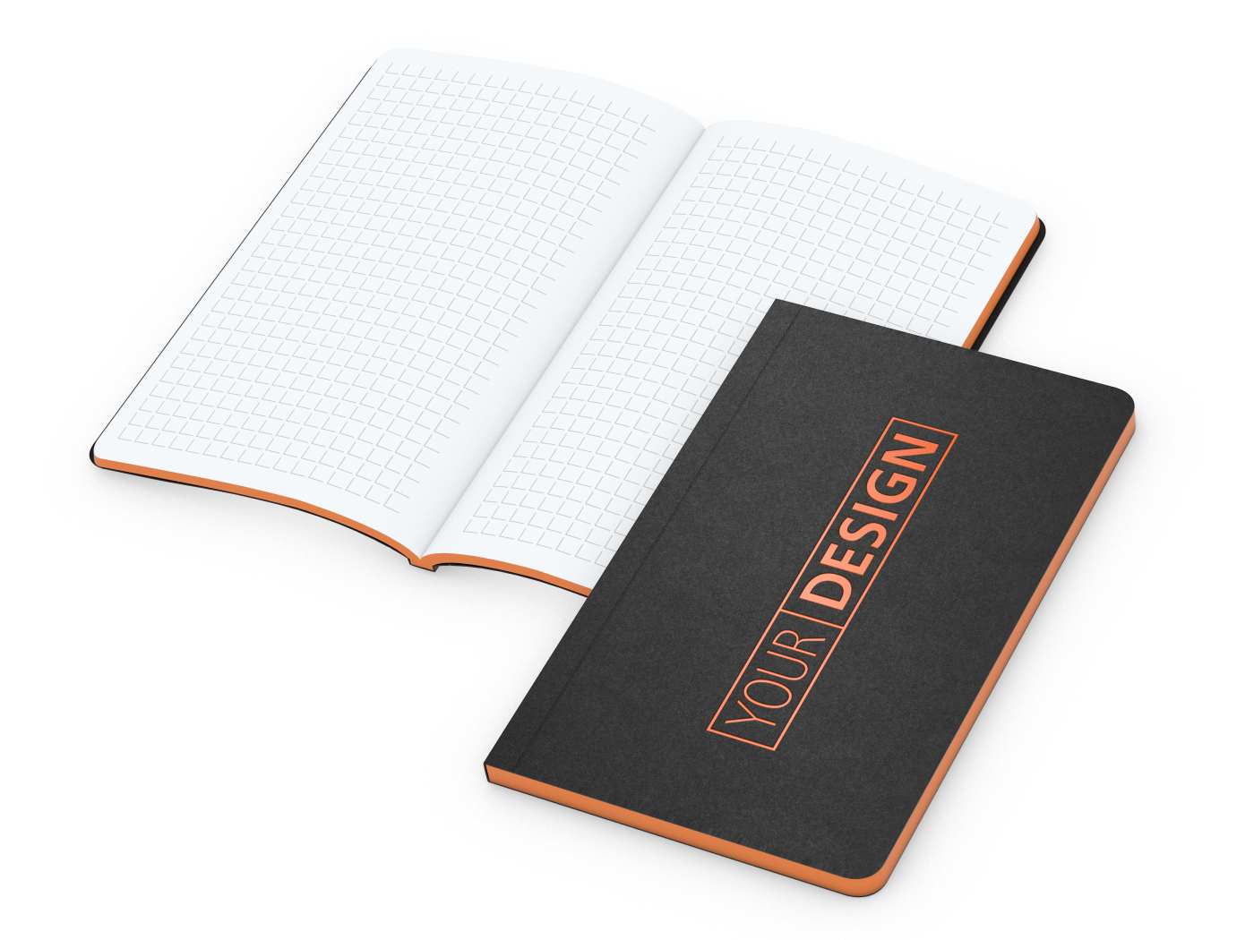 Notizbuch Tablet-Book Farbschnitt Naturkarton-Softcover schwarz, Papierformat/Lineatur 94 × 152 mm / Winkelkaro, Farbschnitt/Logodruck orange/orange