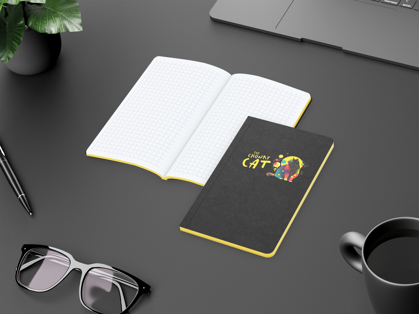 Notizbuch Tablet-Book Farbschnitt Naturkarton-Softcover schwarz, Papierformat/Lineatur 94 × 152 mm / Winkelkaro, Farbschnitt/Logodruck gelb/4farbig