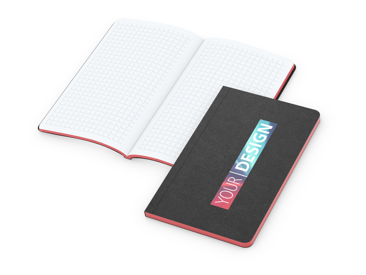 Notizbuch Tablet-Book Farbschnitt Naturkarton-Softcover schwarz, Papierformat/Lineatur 94 × 152 mm / Winkelkaro, Farbschnitt/Logodruck rot/4farbig