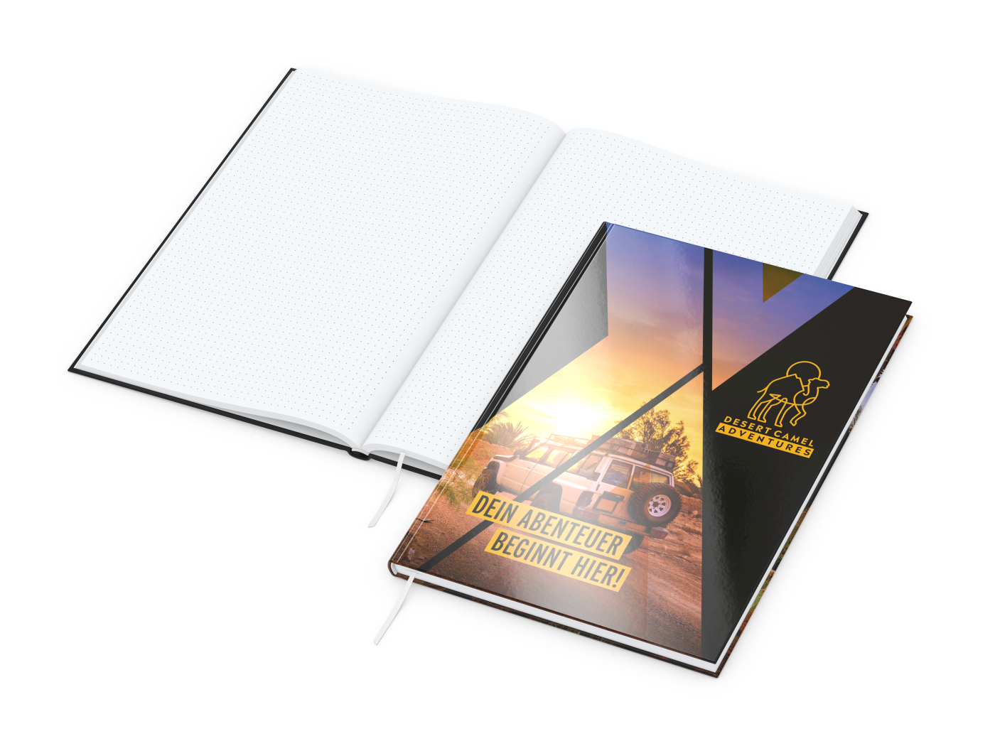 Notizbuch Note-Book Ecken spitz Hardcover individuell bedruckt, DIN A4, Lineatur Punktraster, Einband-Oberfläche glänzend