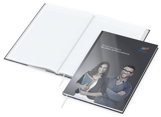 Notizbuch Note-Book Ecken spitz Hardcover individuell bedruckt, DIN A4, Lineatur Winkelkaro, Einband-Oberfläche glänzend