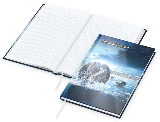 Notizbuch Note-Book Ecken spitz Hardcover individuell bedruckt, DIN A5, Lineatur Winkelkaro, Einband-Oberfläche matt