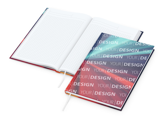 Notizbuch Note-Book Ecken spitz Hardcover individuell bedruckt, DIN A5, Lineatur Winkelkaro, Einband-Oberfläche matt