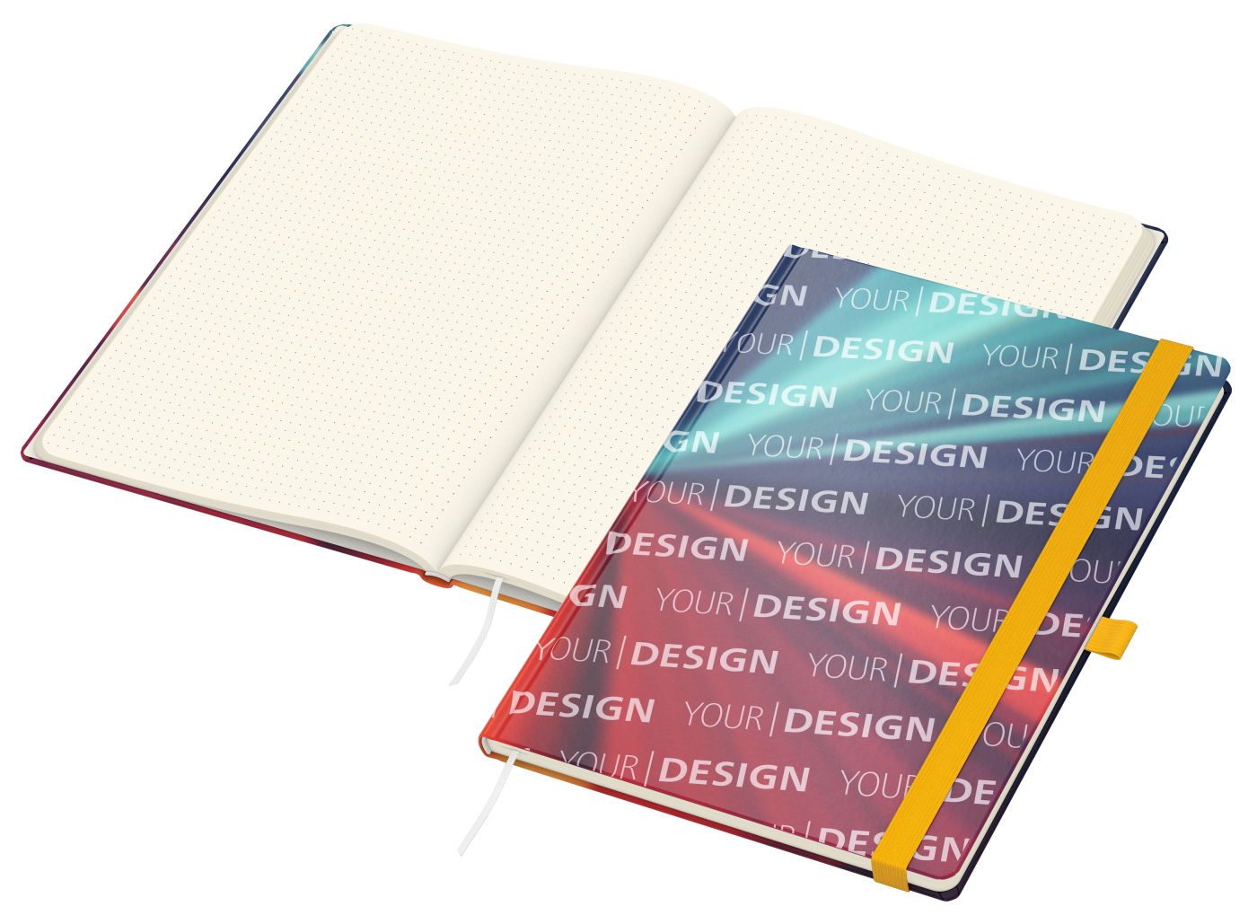 Notizbuch Match-Book Papier-Hardcover individuell bedruckt, DIN A4, Papierfarbe/Lineatur Cremefarben/Punktraster, Einband-Oberfläche glänzend