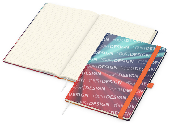 Notizbuch Match-Book Papier-Hardcover individuell bedruckt, DIN A4, Papierfarbe/Lineatur Cremefarben/Punktraster, Einband-Oberfläche glänzend