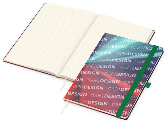 Notizbuch Match-Book Papier-Hardcover individuell bedruckt, DIN A4, Papierfarbe/Lineatur Cremefarben/Punktraster, Einband-Oberfläche matt