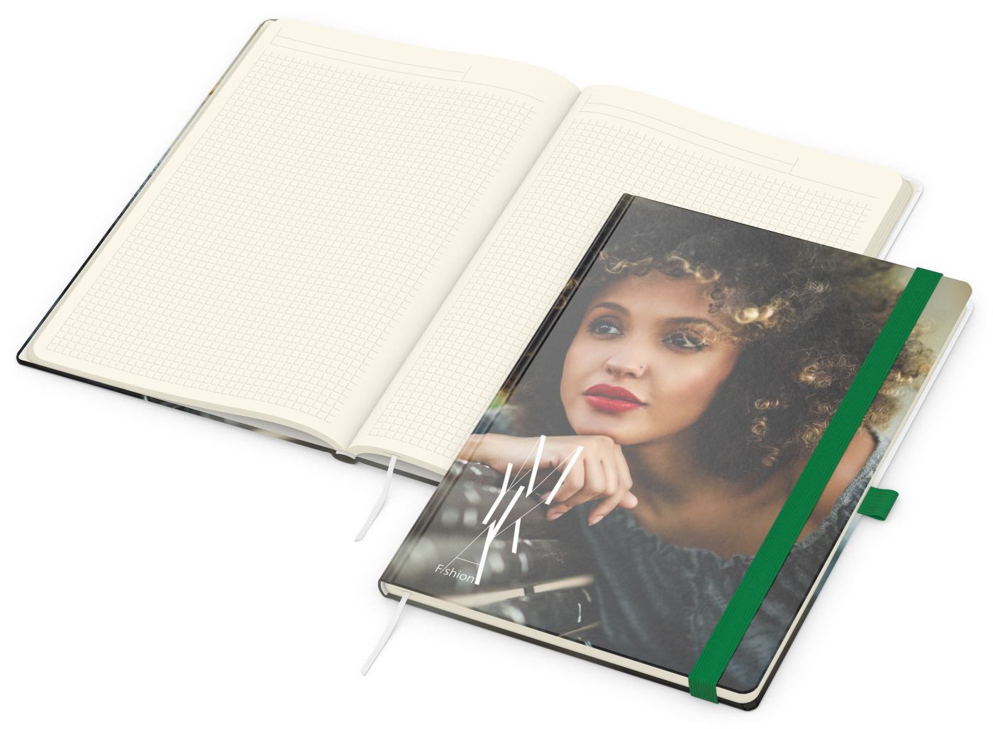 Notizbuch Match-Book Papier-Hardcover individuell bedruckt, DIN A4, Papierfarbe/Lineatur Cremefarben/Winkelkaro, Einband-Oberfläche glänzend