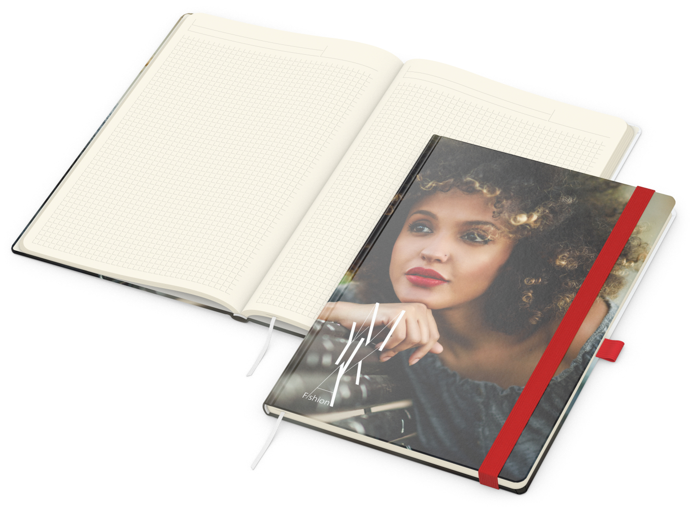 Notizbuch Match-Book Papier-Hardcover individuell bedruckt, DIN A4, Papierfarbe/Lineatur Cremefarben/Winkelkaro, Einband-Oberfläche glänzend